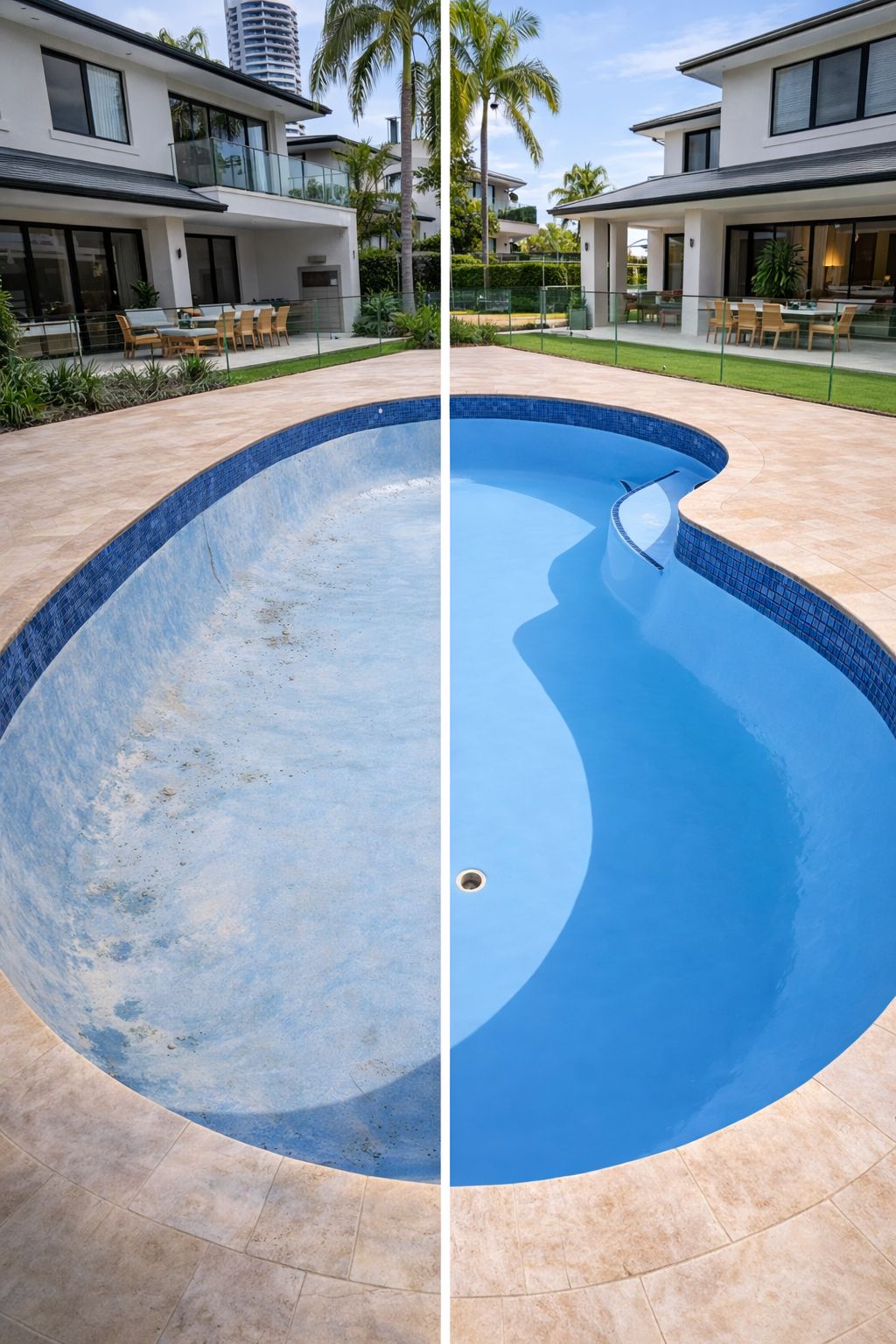 Pool resurfacing Gold Coast before and after — concrete pool LuxaPool epoxy finish